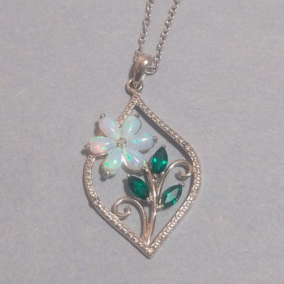 Sterling Silver Gemstone & Diamond Accent Flower Marquise Pendant - Picture 2 of 7